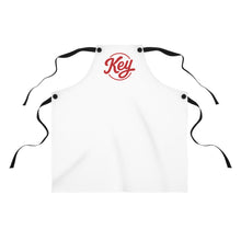 Load image into Gallery viewer, Key Logo Apron — White Kitchen Apron with Red Script Logo